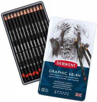 Набір графіт.олівець Graphic Designer Medium в мет.короб. 12шт.(асорті від 6В до 4Н), Derwent 5010255716590 фото