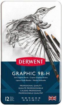 Набір графіт.олівець. Graphic Sketching Soft у мет.кообке 12шт.(м'які) від 9B до H, Derwent 5010255716606 фото