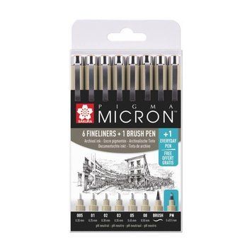 Набір линеров PIGMA MICRON 6шт, 1 лінер-кистьPIGMA BRUSH + PIGMA Micron PN В ПОДАРУНОК, Sakura 8712079421731 фото