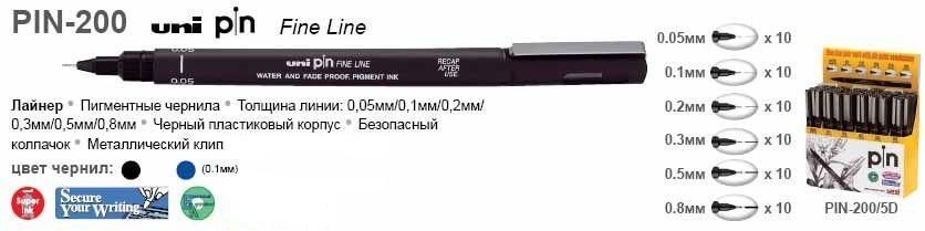 Лінер uni PiN 0.8 мм fine line, чорний PIN08-200.Black фото