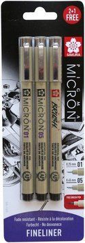 Набір линеров PIGMA MICRON 2шт, (0.1/0.5) + 1 лінер-кисть Pigma Brush В ПОДАРУНОК, Чорний, в блістері, 8712079441685 фото