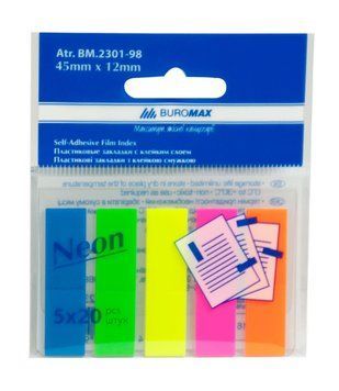 Закладки Buromax пластикові NEON 45х12мм 5х20 листів асорті BM.2301-98 BM.2301-98 фото