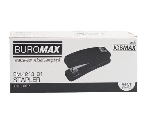 Степлер пластиковий Buromax JOBMAX 15 аркушів 110х30х48 мм скоби №24,6 чорний (BM.4213-01) BM.4213-01 фото