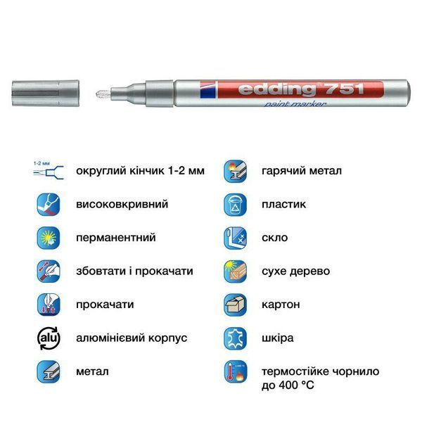 Маркер Edding Paint 1-2 мм круглий срібний (e-751/54) e-751/54 фото